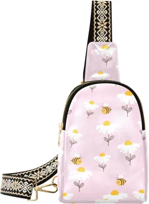 Small Sling Bag for Women Daisy and Bee PC Leather Fanny Pack Crossbody Flower Fashion Waist Packs Chest Bag for Travel Sports Running Hiking