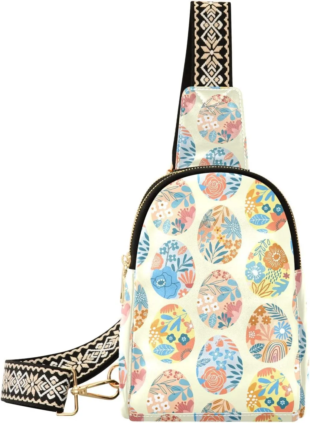 Small Sling Bag for Women Easter Flowers Eggs Pattern PC Leather Fanny Pack Crossbody Fashion Waist Packs Chest Bag for Travel Sports Running Hiking