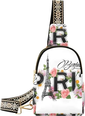 Small Sling Bag for Women Paris Tower Flower PC Leather Fanny Pack Crossbody Pink Rose Daisy Fashion Waist Packs Chest Bag for Travel Sports Running Hiking