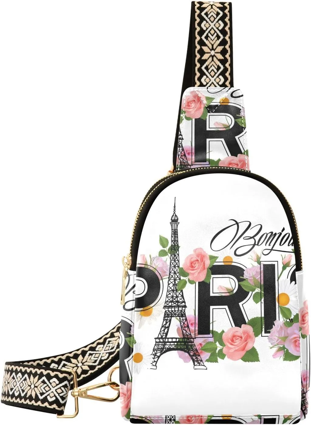 Small Sling Bag for Women Paris Tower Flower PC Leather Fanny Pack Crossbody Pink Rose Daisy Fashion Waist Packs Chest Bag for Travel Sports Running Hiking