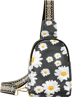 Small Sling Bag for Women Pattern with Daisy Chamomile PC Leather Fanny Pack Crossbody Flowers Fashion Waist Packs Chest Bag for Travel Sports Running Hiking