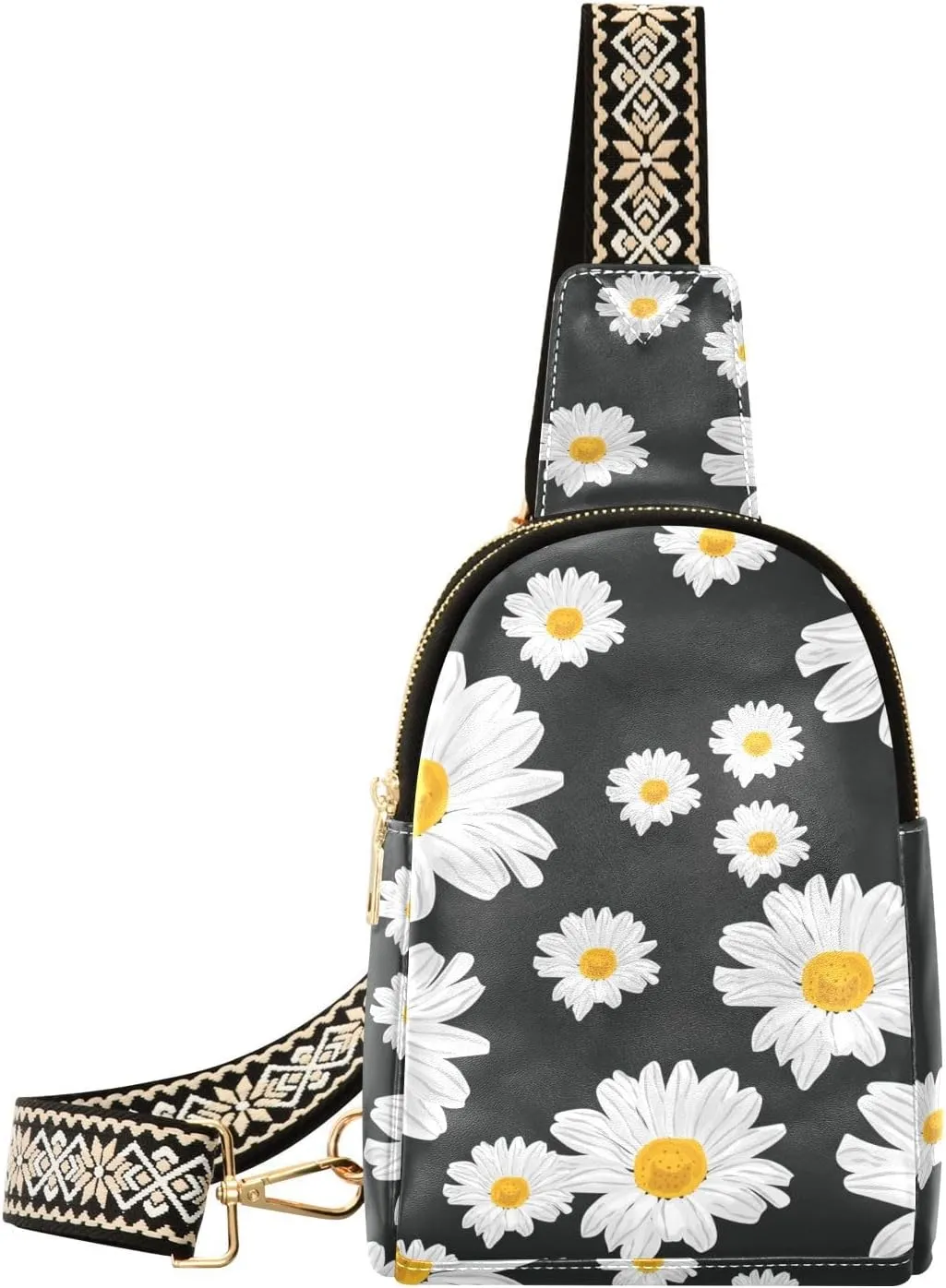 Small Sling Bag for Women Pattern with Daisy Chamomile PC Leather Fanny Pack Crossbody Flowers Fashion Waist Packs Chest Bag for Travel Sports Running Hiking