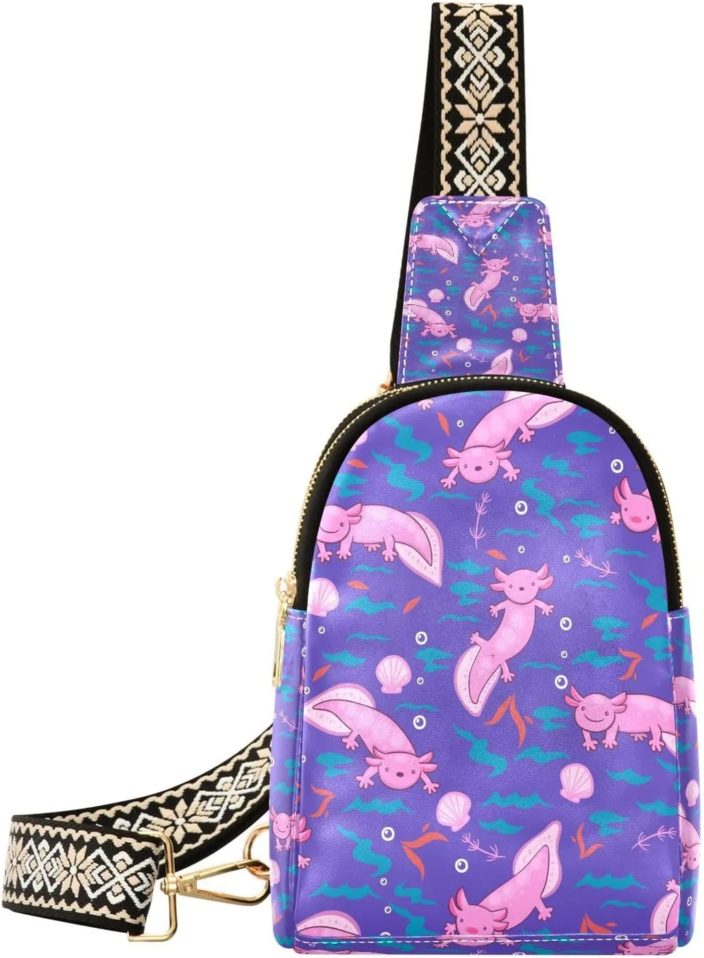 Small Sling Bag for Women Pink Axolotl PC Leather Fanny Pack Crossbody Fashion Waist Packs Chest Bag for Travel Sports Running Hiking
