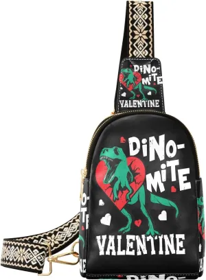 Small Sling Bag for Women Valentines Day Cool PC Leather Fanny Pack Crossbody Black Dinosaur Fashion Waist Packs Chest Bag for Travel Sports Running Hiking