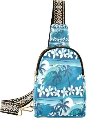 Small Sling Bag Waist Packs Leather Crossbody Packs Chest Bag Blue Tropical Surfing Palm Trees for Women Travel Belt Purse