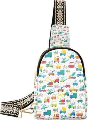 Small Sling Bag Waist Packs Leather Crossbody Packs Chest Bag Cartoon Cars Collection for Women Travel Belt Purse