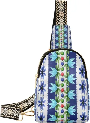 Small Sling Bag Waist Packs Leather Crossbody Packs Chest Bag Navy Blue Flowers and Leaves for Women Travel Belt Purse