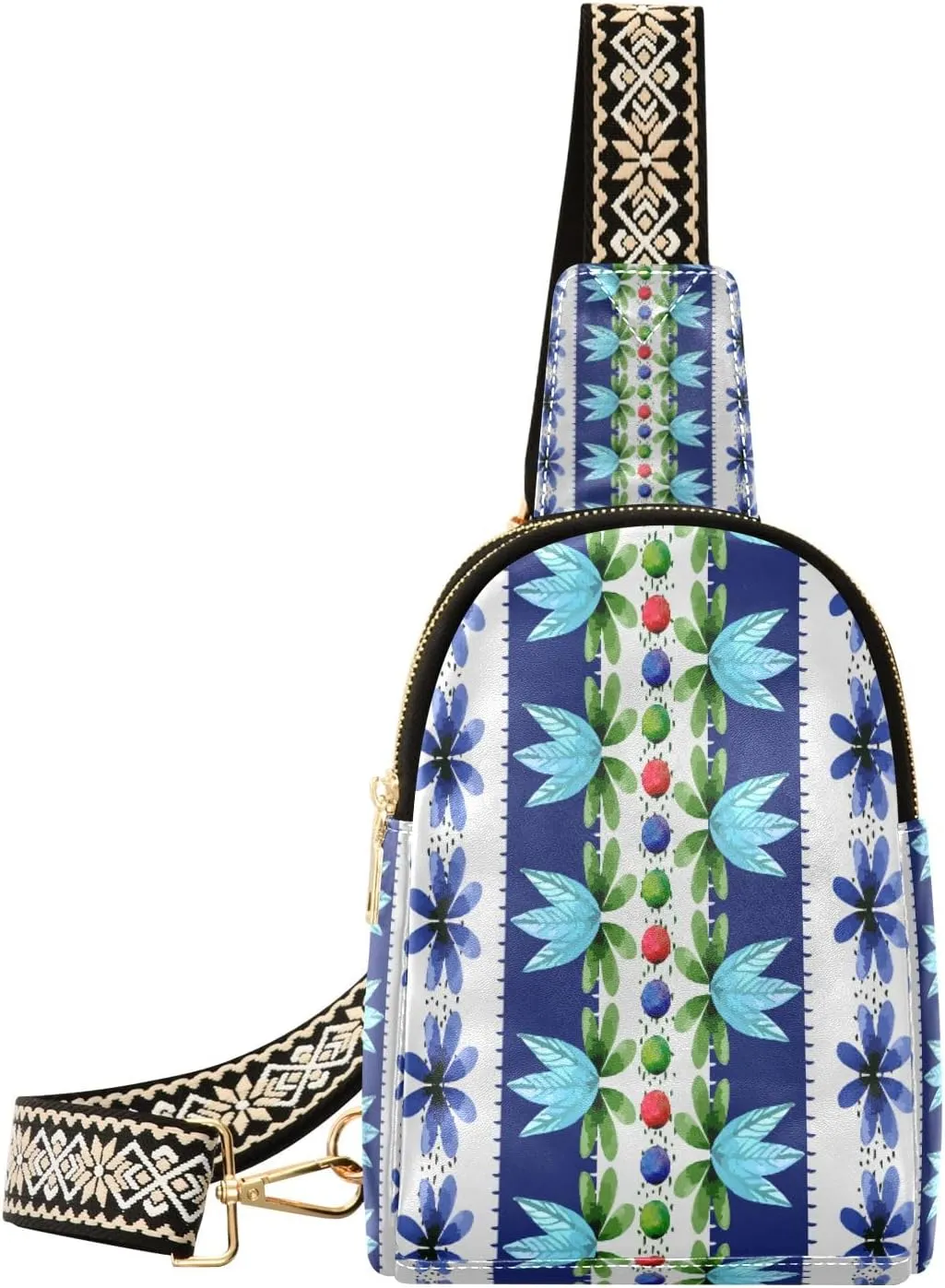 Small Sling Bag Waist Packs Leather Crossbody Packs Chest Bag Navy Blue Flowers and Leaves for Women Travel Belt Purse