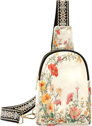 Small Sling Bag Waist Packs Leather Crossbody Packs Chest Bag Red Yellow Fower for Women Travel Belt Purse