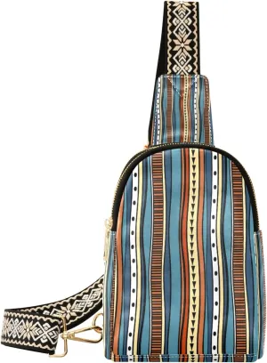Small Sling Bag Waist Packs Leather Crossbody Packs Chest Bag Retro Colors Tribal Stripe for Women Travel Belt Purse