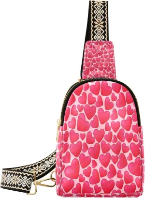 Small Sling Bag Waist Packs Leather Crossbody Packs Chest Bag Valentines Day Hearts on Pink for Women Travel Belt Purse