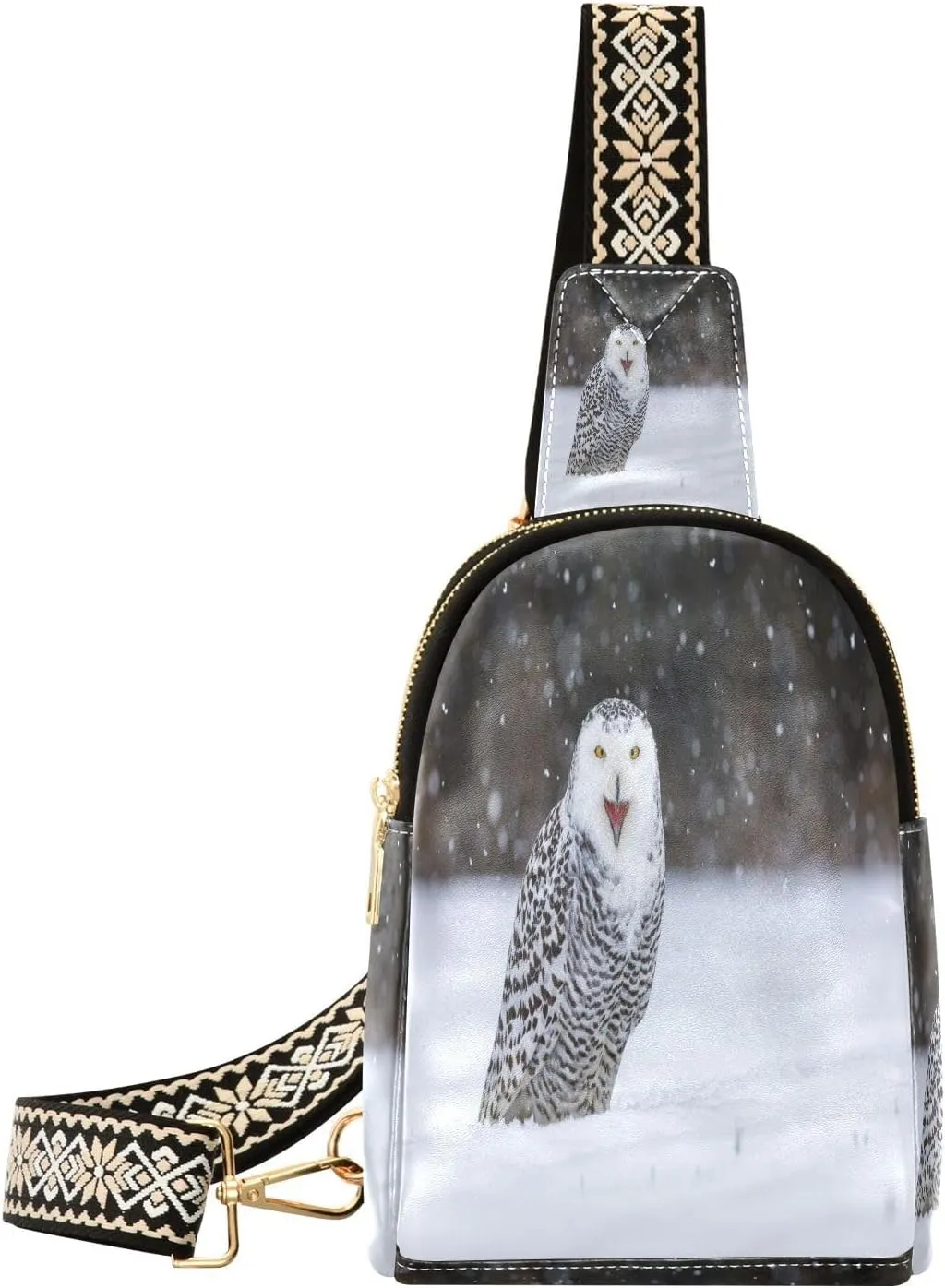 Snowy Owl Snow Fanny Pack Crossbody PC Leather Small Sling Bag for Women Snowfall Winter Fashion Waist Packs Chest Bag for Travel Sports Running Hiking