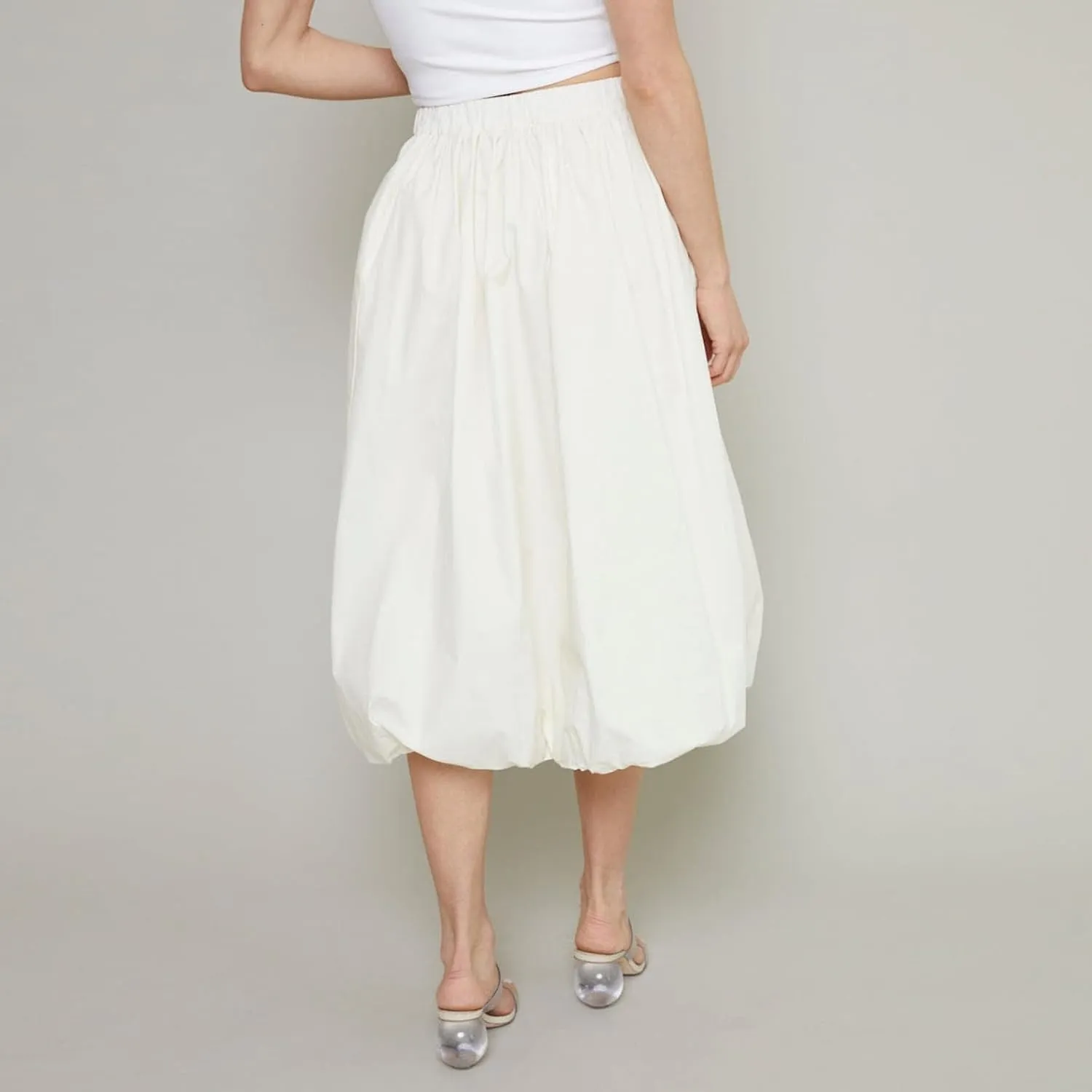 SOLILOQUY Women Bubble Midi Skirt Y2K Elastic Waist Pleated A-Line Solid Puff Long Skirt with Pockets Elegant Balloon Skirt