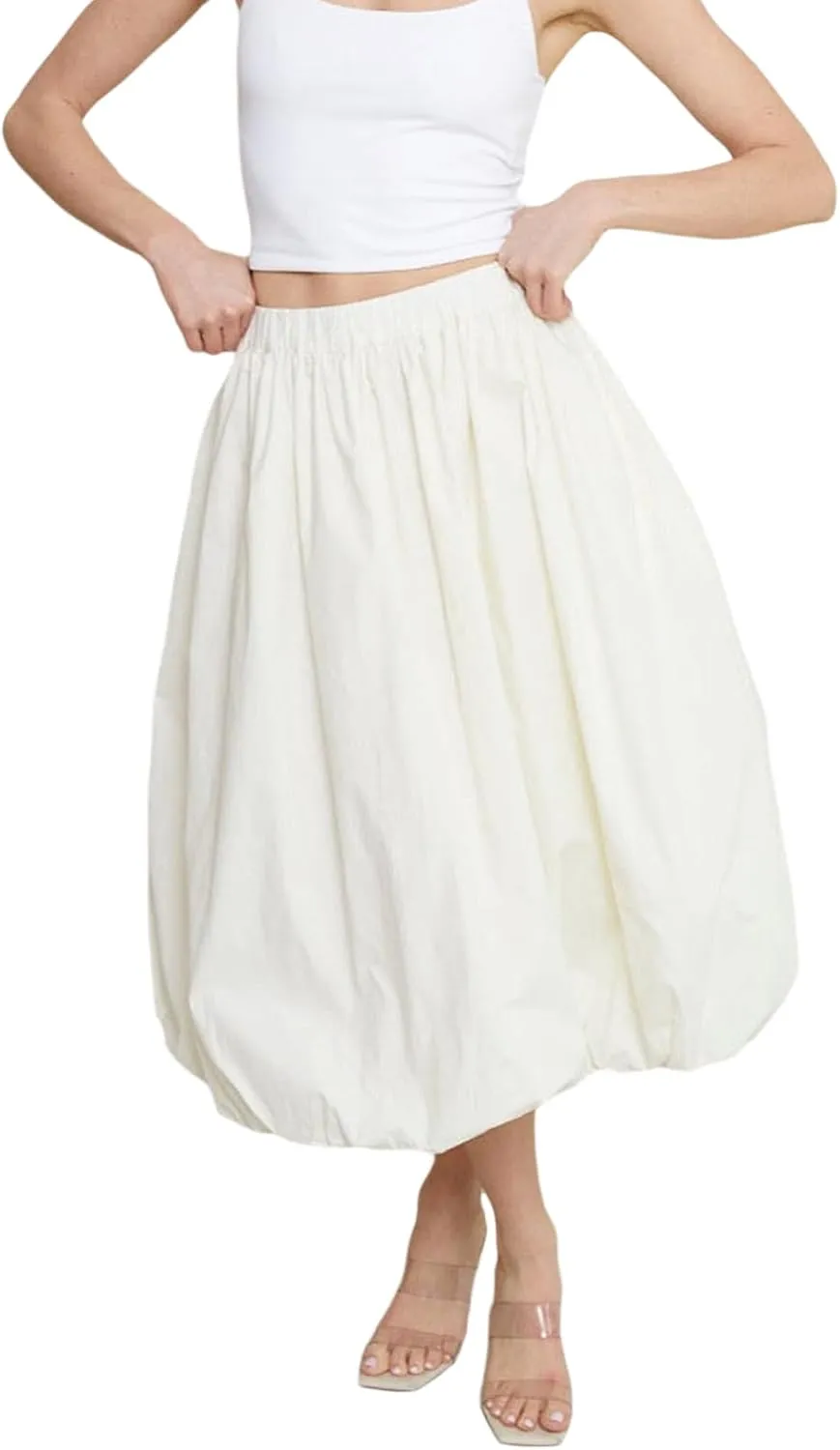 SOLILOQUY Women Bubble Midi Skirt Y2K Elastic Waist Pleated A-Line Solid Puff Long Skirt with Pockets Elegant Balloon Skirt