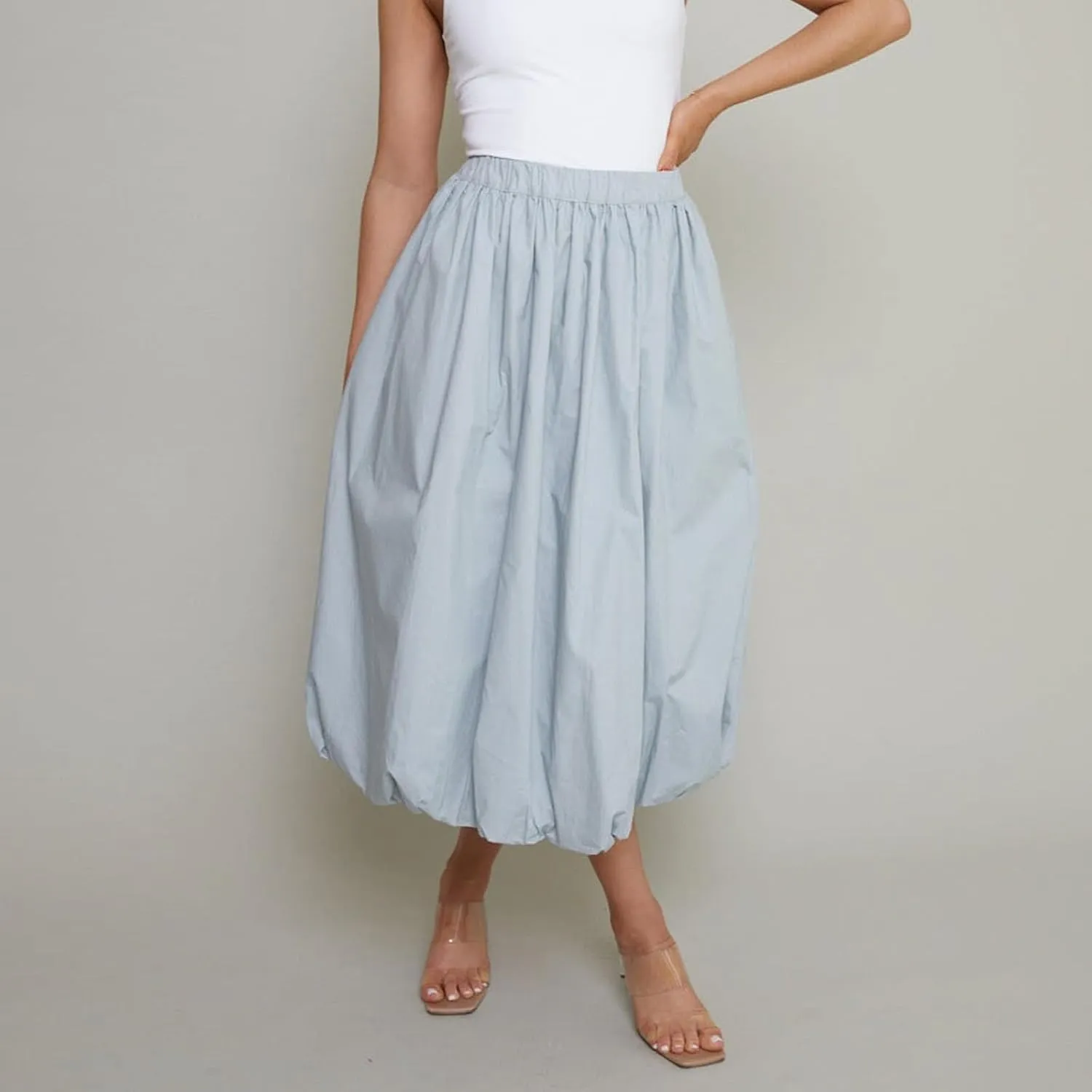 SOLILOQUY Women Bubble Midi Skirt Y2K Elastic Waist Pleated A-Line Solid Puff Long Skirt with Pockets Elegant Balloon Skirt
