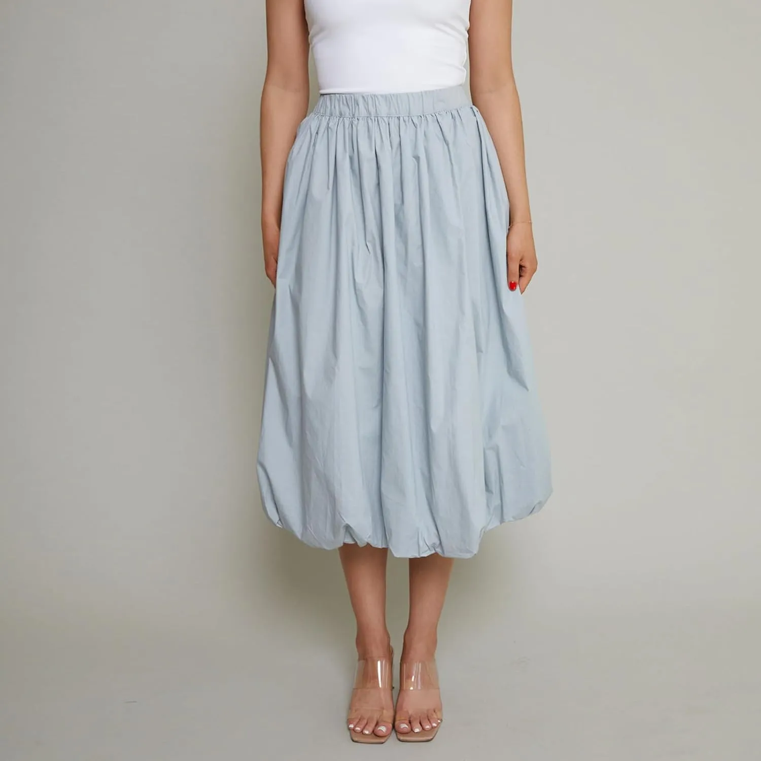 SOLILOQUY Women Bubble Midi Skirt Y2K Elastic Waist Pleated A-Line Solid Puff Long Skirt with Pockets Elegant Balloon Skirt