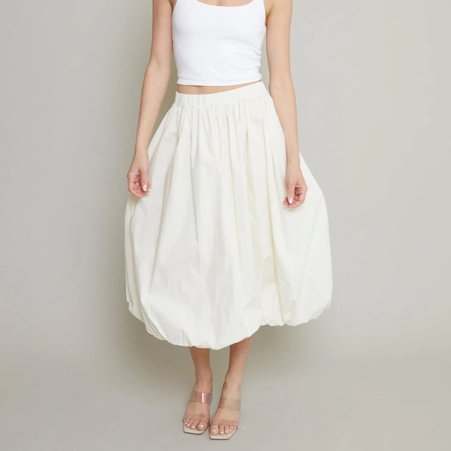 SOLILOQUY Women Bubble Midi Skirt Y2K Elastic Waist Pleated A-Line Solid Puff Long Skirt with Pockets Elegant Balloon Skirt