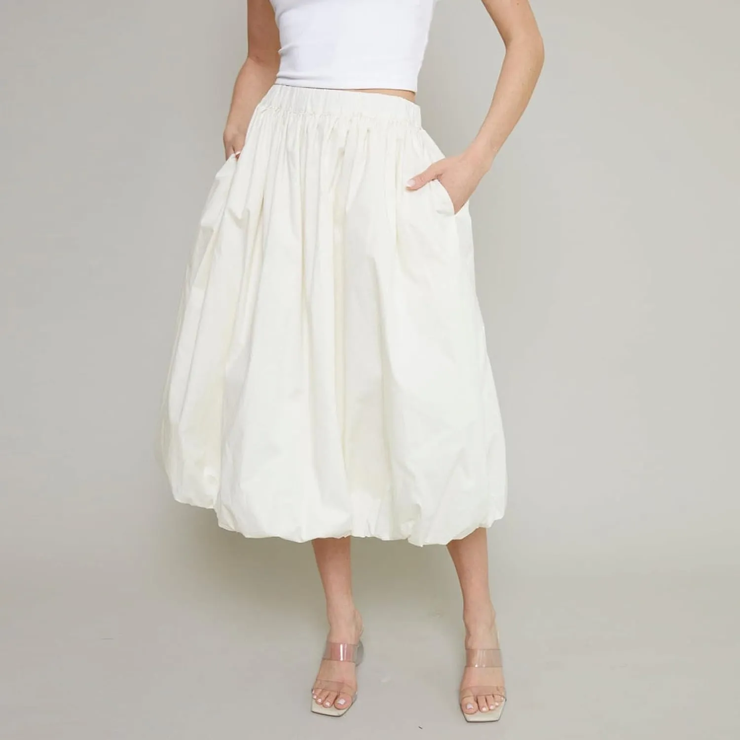 SOLILOQUY Women Bubble Midi Skirt Y2K Elastic Waist Pleated A-Line Solid Puff Long Skirt with Pockets Elegant Balloon Skirt
