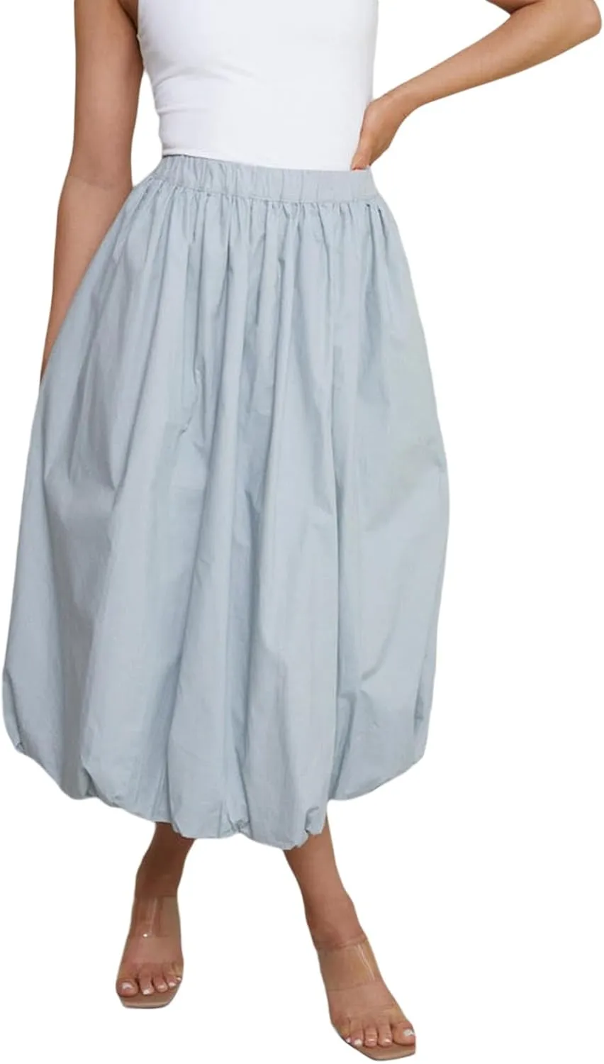 SOLILOQUY Women Bubble Midi Skirt Y2K Elastic Waist Pleated A-Line Solid Puff Long Skirt with Pockets Elegant Balloon Skirt