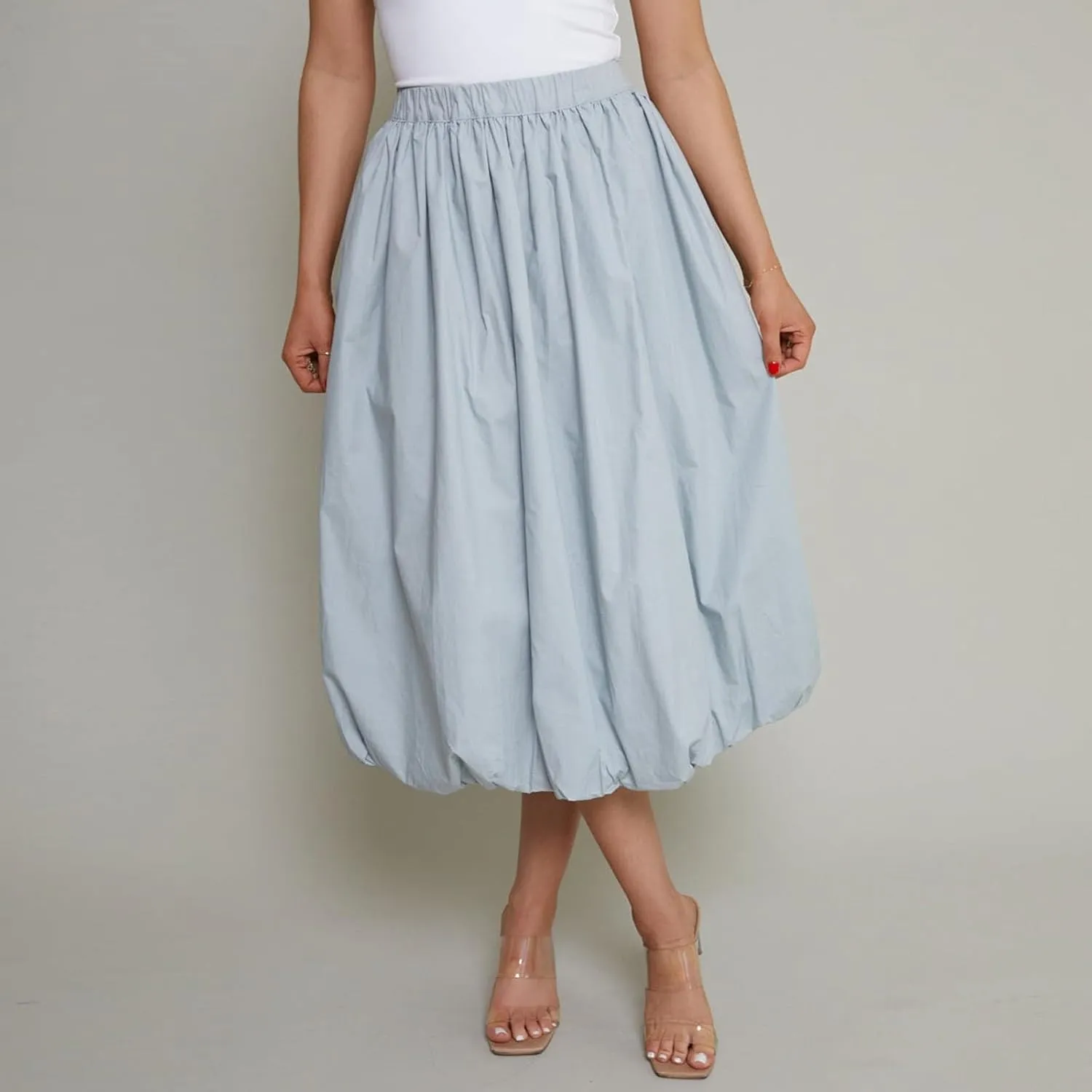 SOLILOQUY Women Bubble Midi Skirt Y2K Elastic Waist Pleated A-Line Solid Puff Long Skirt with Pockets Elegant Balloon Skirt