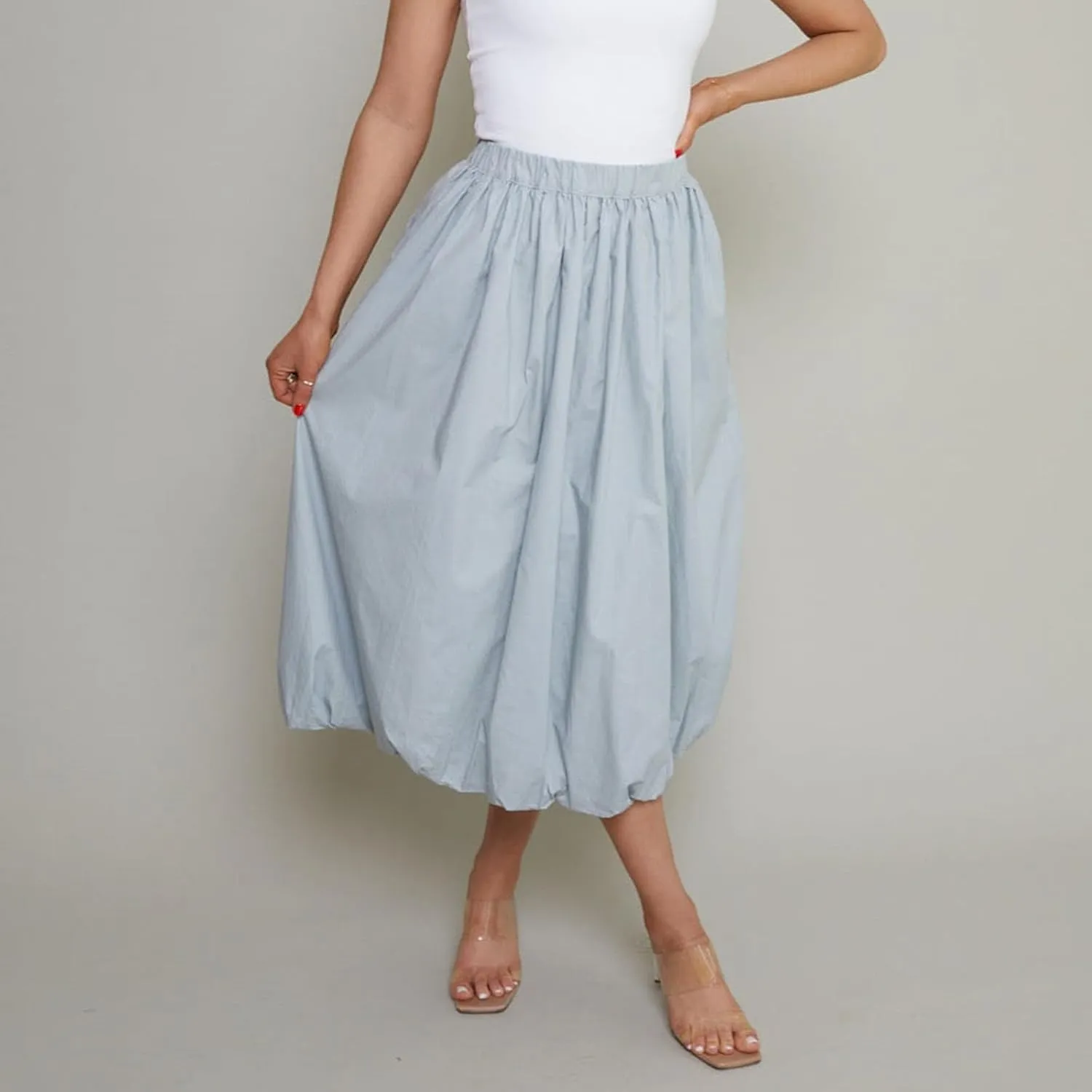 SOLILOQUY Women Bubble Midi Skirt Y2K Elastic Waist Pleated A-Line Solid Puff Long Skirt with Pockets Elegant Balloon Skirt