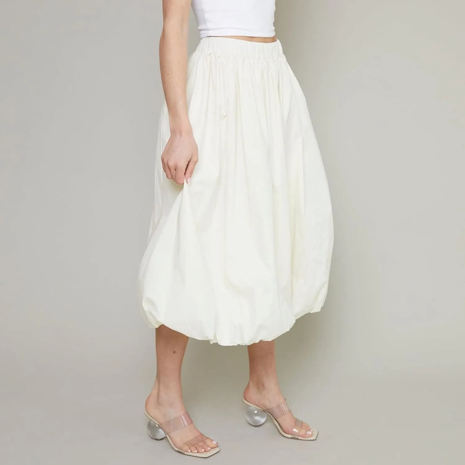 SOLILOQUY Women Bubble Midi Skirt Y2K Elastic Waist Pleated A-Line Solid Puff Long Skirt with Pockets Elegant Balloon Skirt