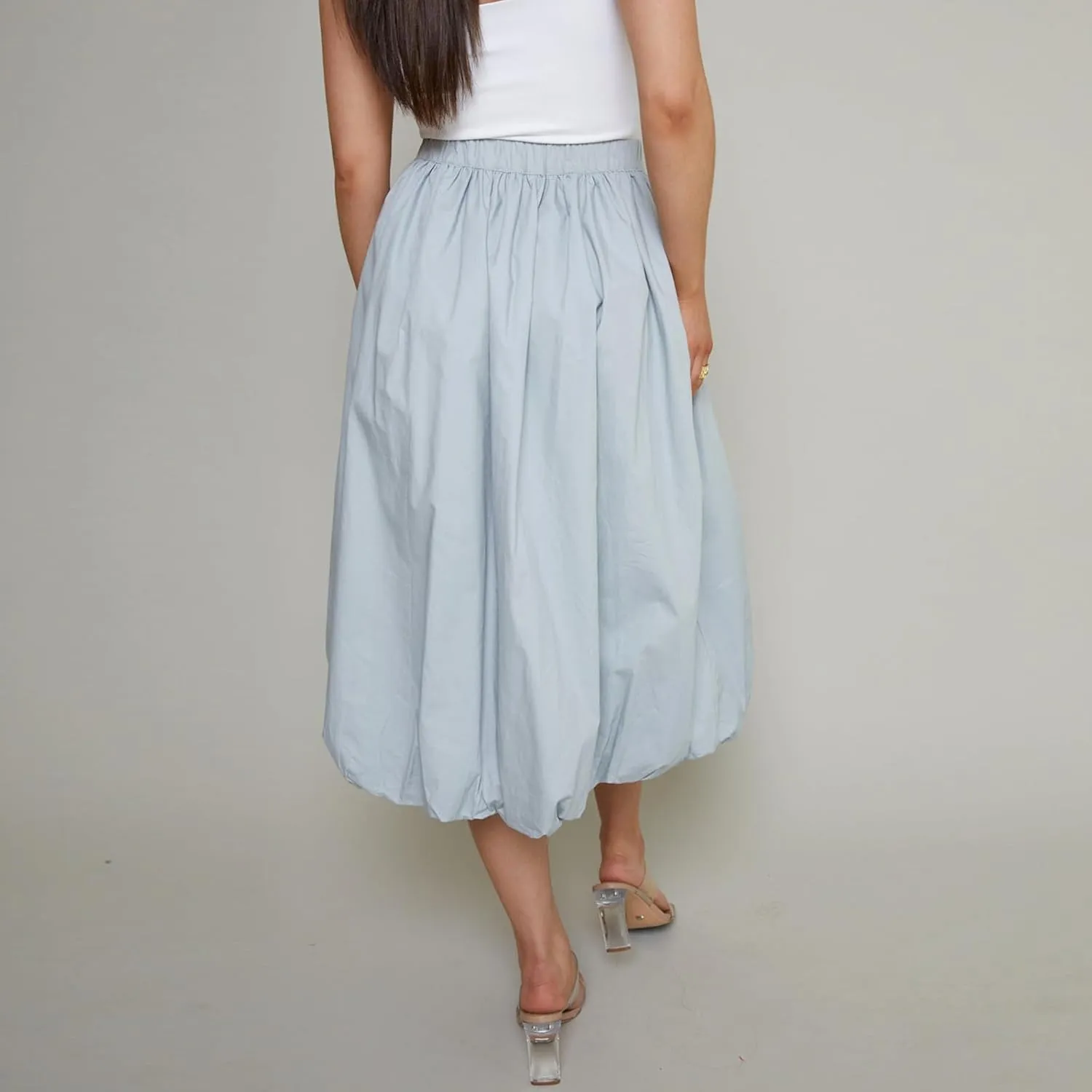 SOLILOQUY Women Bubble Midi Skirt Y2K Elastic Waist Pleated A-Line Solid Puff Long Skirt with Pockets Elegant Balloon Skirt