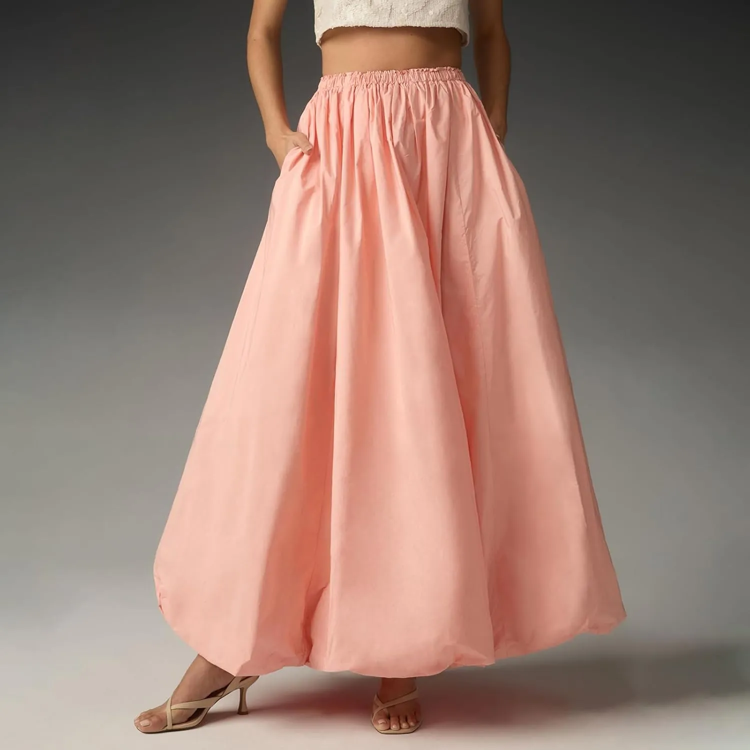 SOLILOQUY Women's Balloon Long Skirt Y2k Low Waist Solid Color A-Line Pleated Bubble Maxi Skirt Casual Puff Flowy Skirts
