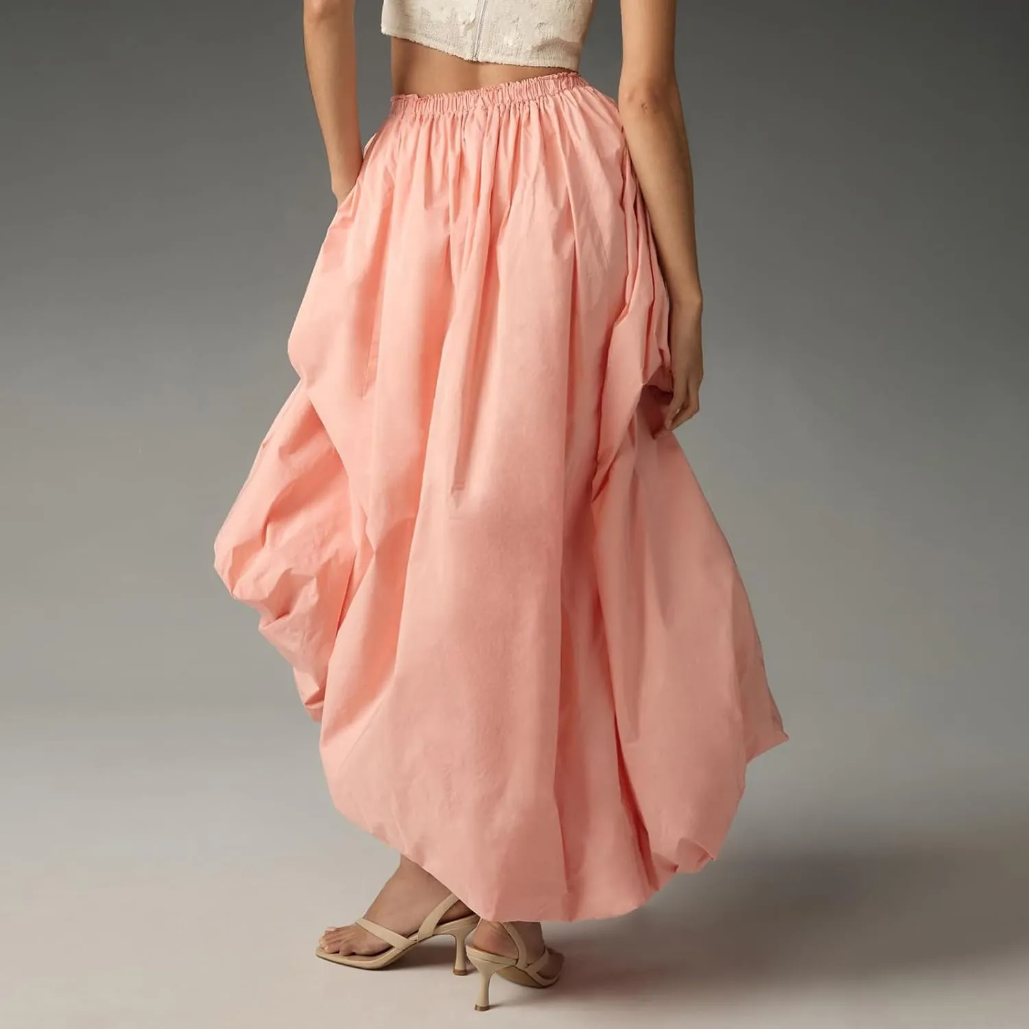 SOLILOQUY Women's Balloon Long Skirt Y2k Low Waist Solid Color A-Line Pleated Bubble Maxi Skirt Casual Puff Flowy Skirts