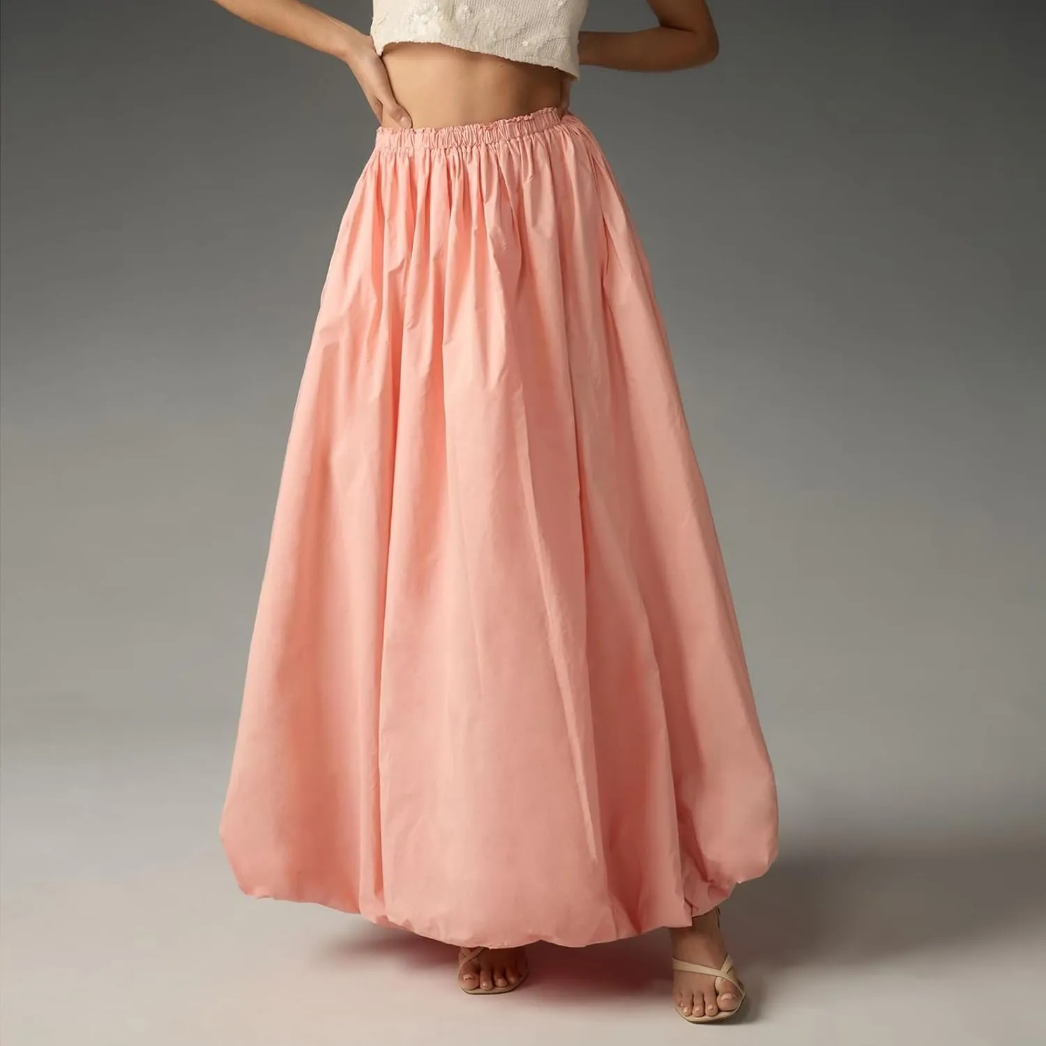 SOLILOQUY Women's Balloon Long Skirt Y2k Low Waist Solid Color A-Line Pleated Bubble Maxi Skirt Casual Puff Flowy Skirts