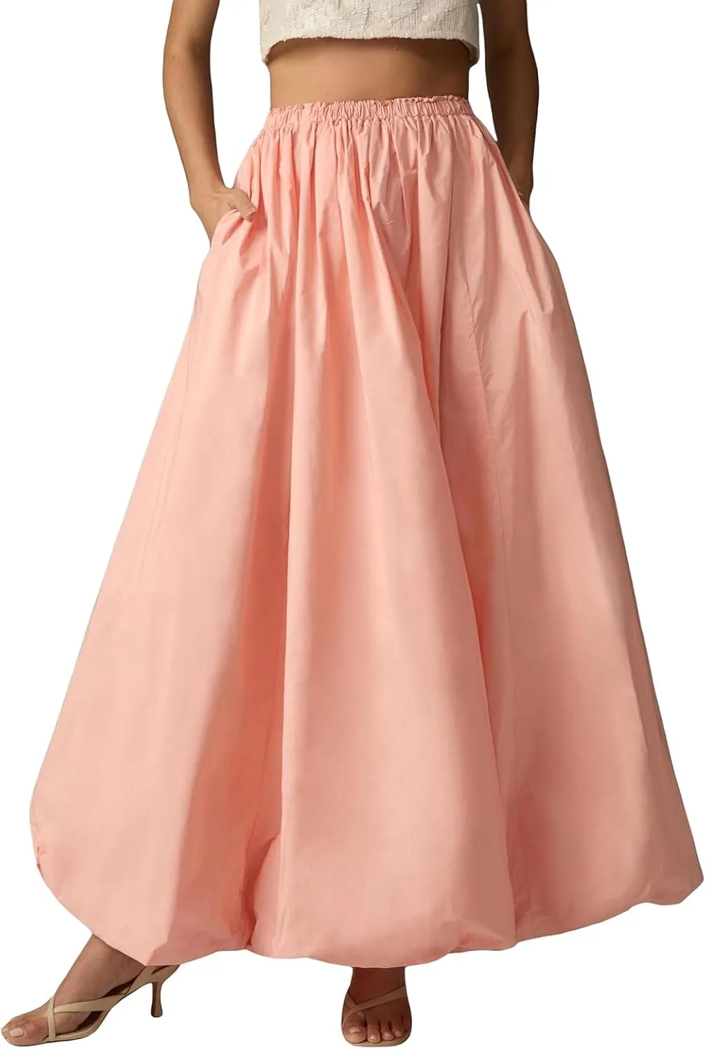 SOLILOQUY Women's Balloon Long Skirt Y2k Low Waist Solid Color A-Line Pleated Bubble Maxi Skirt Casual Puff Flowy Skirts