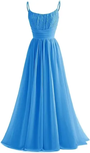 Spaghetti Strap Chiffon Bridesmaid Dresses for Women Long Lace Ruched Prom Dress A-line Formal Evening Party Gown
