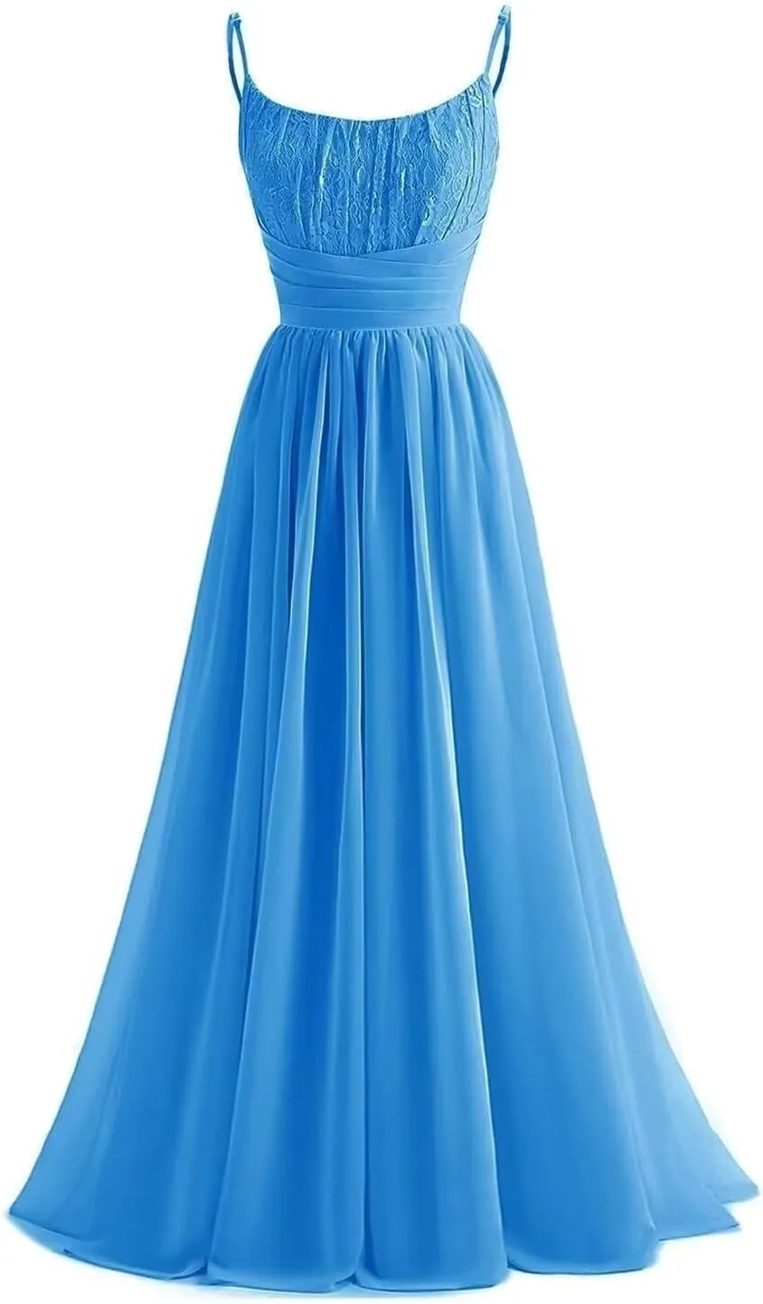 Spaghetti Strap Chiffon Bridesmaid Dresses for Women Long Lace Ruched Prom Dress A-line Formal Evening Party Gown