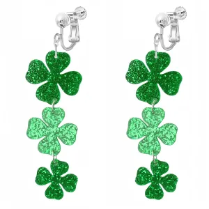 St Patricks Day, Clip on Earrings for Women No Pierced, Valentines Day Saint Patrick Irish Green Heart Four Leaf Clover Hat Dangle Crystal Beaded Shamrock