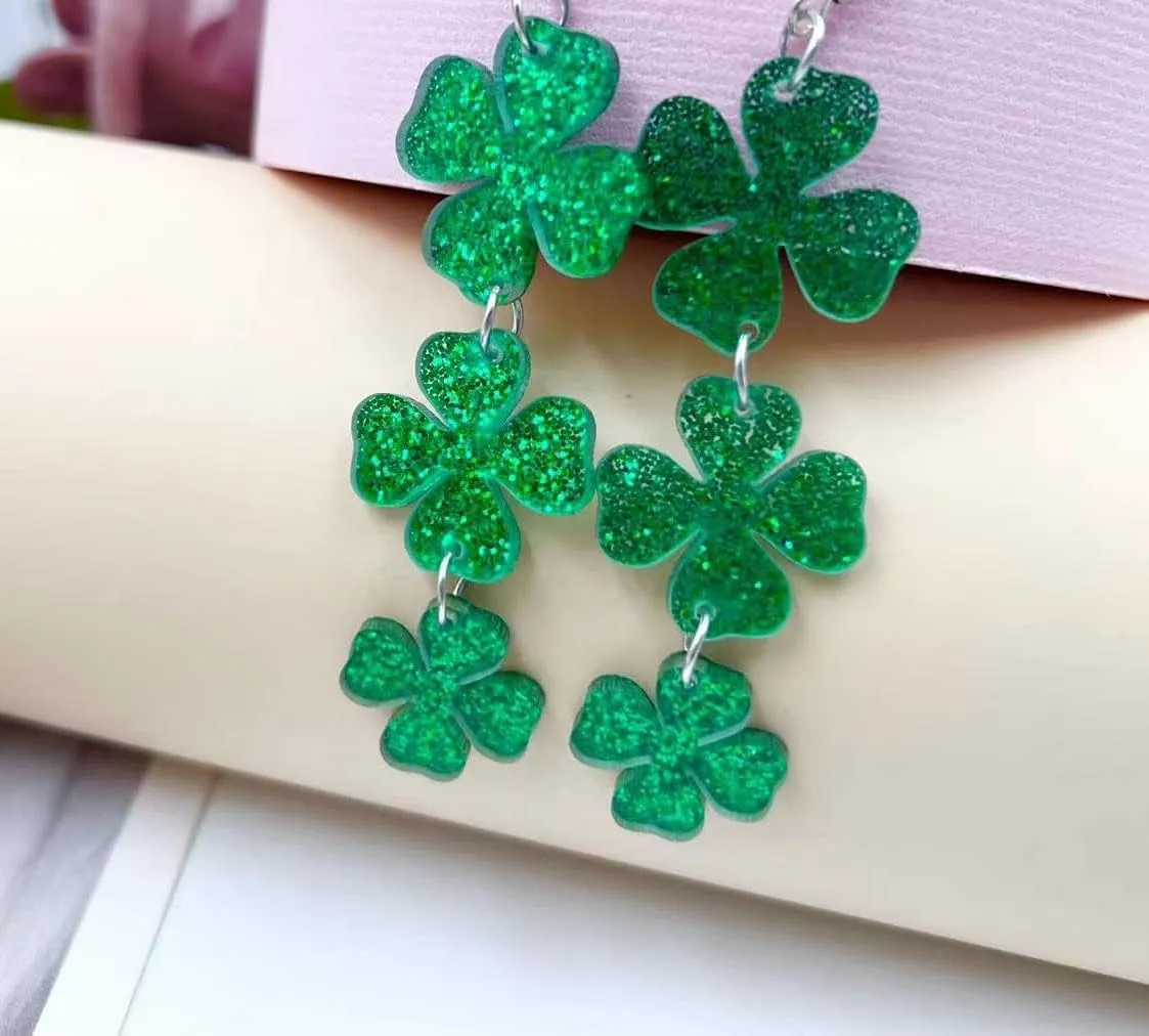 St Patricks Day, Clip on Earrings for Women No Pierced, Valentines Day Saint Patrick Irish Green Heart Four Leaf Clover Hat Dangle Crystal Beaded Shamrock