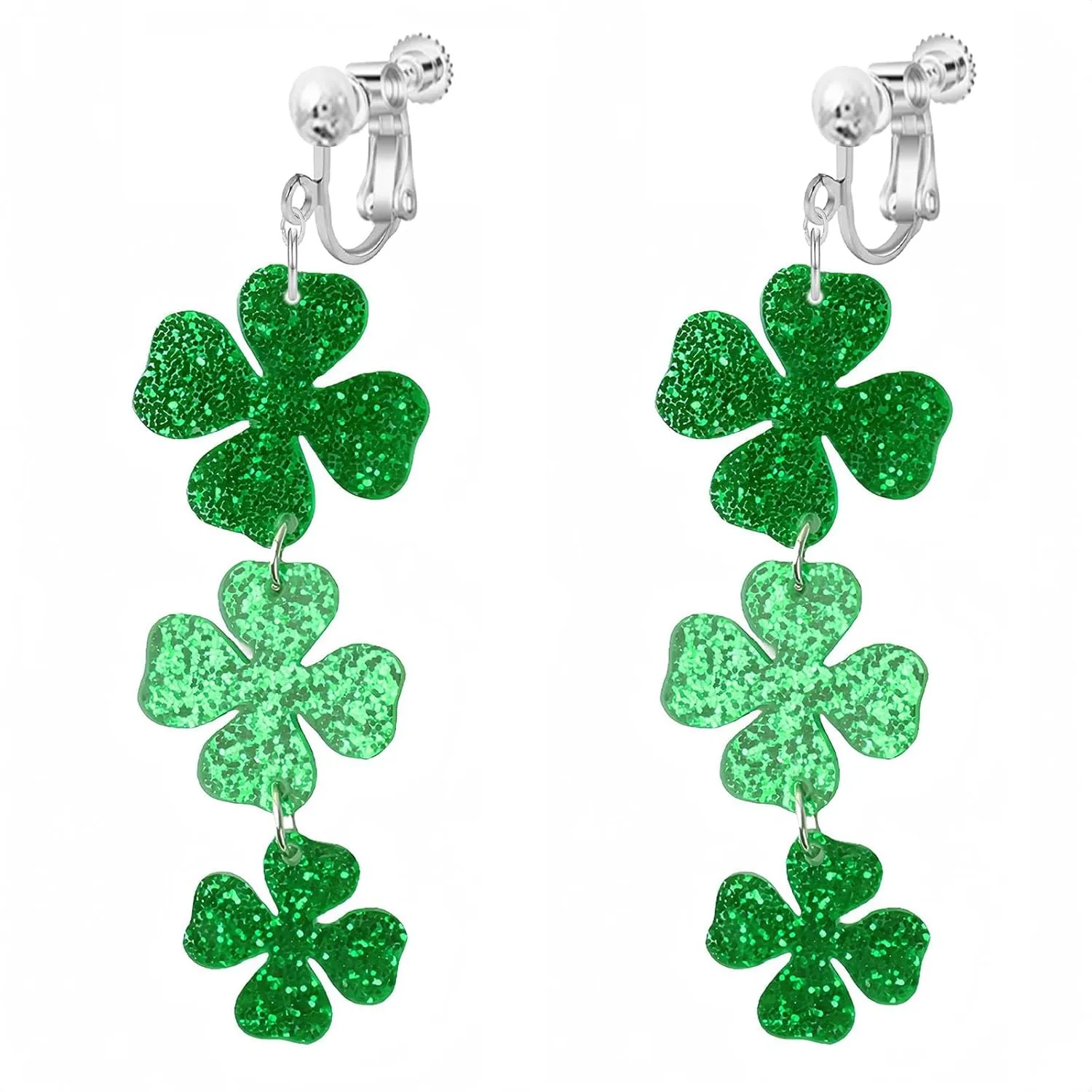 St Patricks Day, Clip on Earrings for Women No Pierced, Valentines Day Saint Patrick Irish Green Heart Four Leaf Clover Hat Dangle Crystal Beaded Shamrock