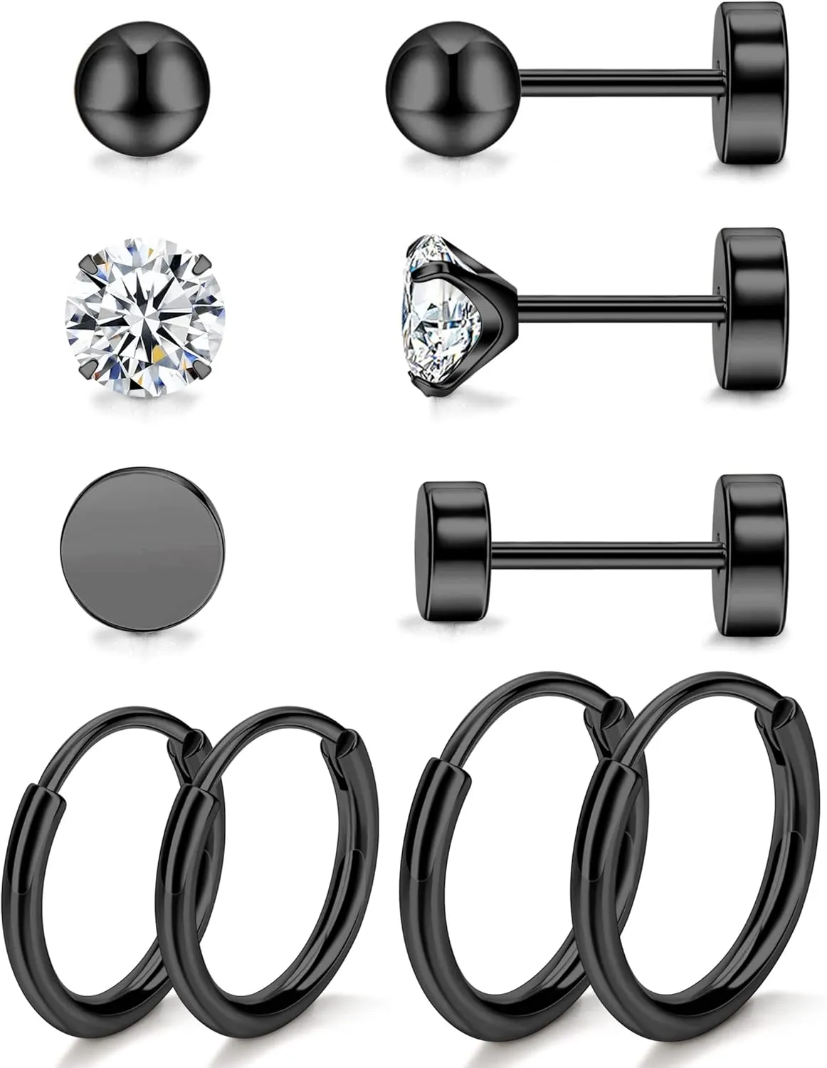 Staligue 5 Pairs Titanium Earrings - Dot Ball Cubic Zirconia 20 Gauge Pure Titanium Stud Hoop Earrings Set - Flat Back for Women