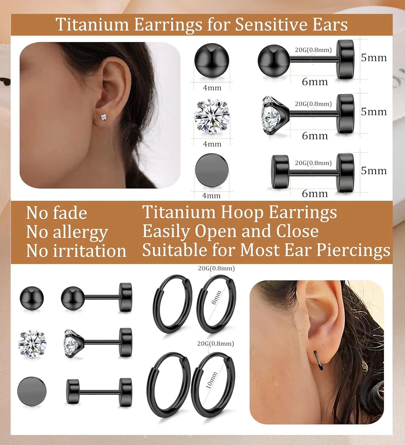 Staligue 5 Pairs Titanium Earrings - Dot Ball Cubic Zirconia 20 Gauge Pure Titanium Stud Hoop Earrings Set - Flat Back for Women