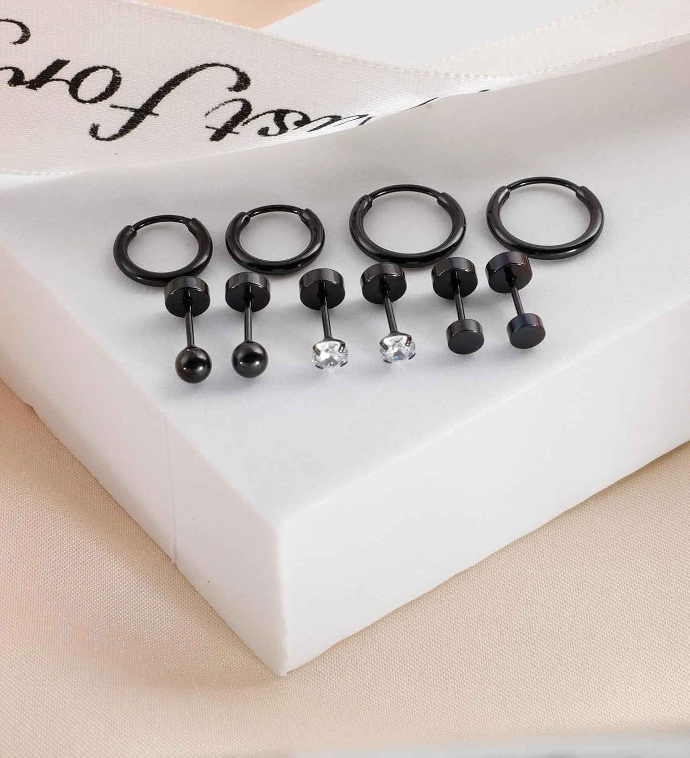 Staligue 5 Pairs Titanium Earrings - Dot Ball Cubic Zirconia 20 Gauge Pure Titanium Stud Hoop Earrings Set - Flat Back for Women