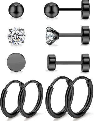 Staligue 5 Pairs Titanium Earrings - Dot Ball Cubic Zirconia 20 Gauge Pure Titanium Stud Hoop Earrings Set - Flat Back for Women