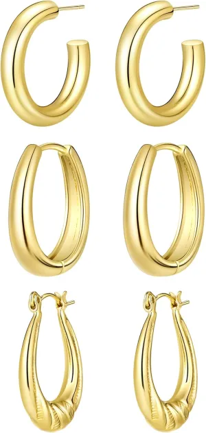 Staligue Gold Hoop Earrings Set for Women 14K Gold Plated Lightweight Twisted Chunky Hoop Earrings Thick Open Gold Hoops Set for Jewelry Gift