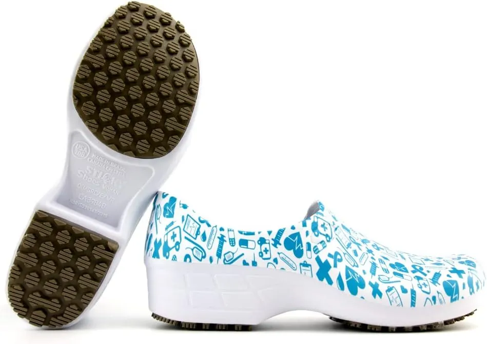 Sticky Printed Colorful Nursing Shoes - Professional Shoes for Women - Nurses Vets CNA LPN RN - Waterproof Non Slip - Comfortable Cleanable Clogs - White
