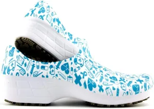 Sticky Printed Colorful Nursing Shoes - Professional Shoes for Women - Nurses Vets CNA LPN RN - Waterproof Non Slip - Comfortable Cleanable Clogs - White