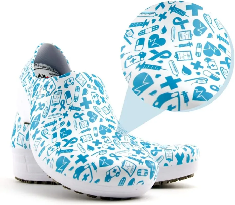 Sticky Printed Colorful Nursing Shoes - Professional Shoes for Women - Nurses Vets CNA LPN RN - Waterproof Non Slip - Comfortable Cleanable Clogs - White