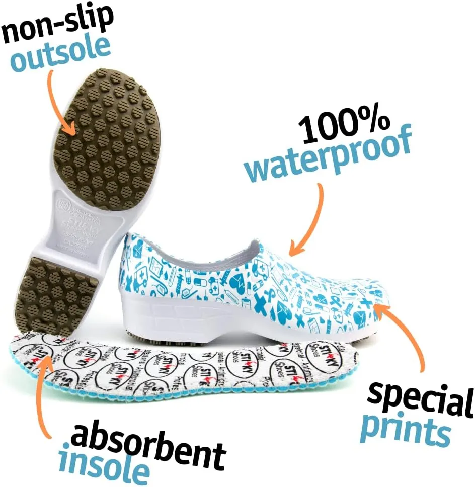Sticky Printed Colorful Nursing Shoes - Professional Shoes for Women - Nurses Vets CNA LPN RN - Waterproof Non Slip - Comfortable Cleanable Clogs - White