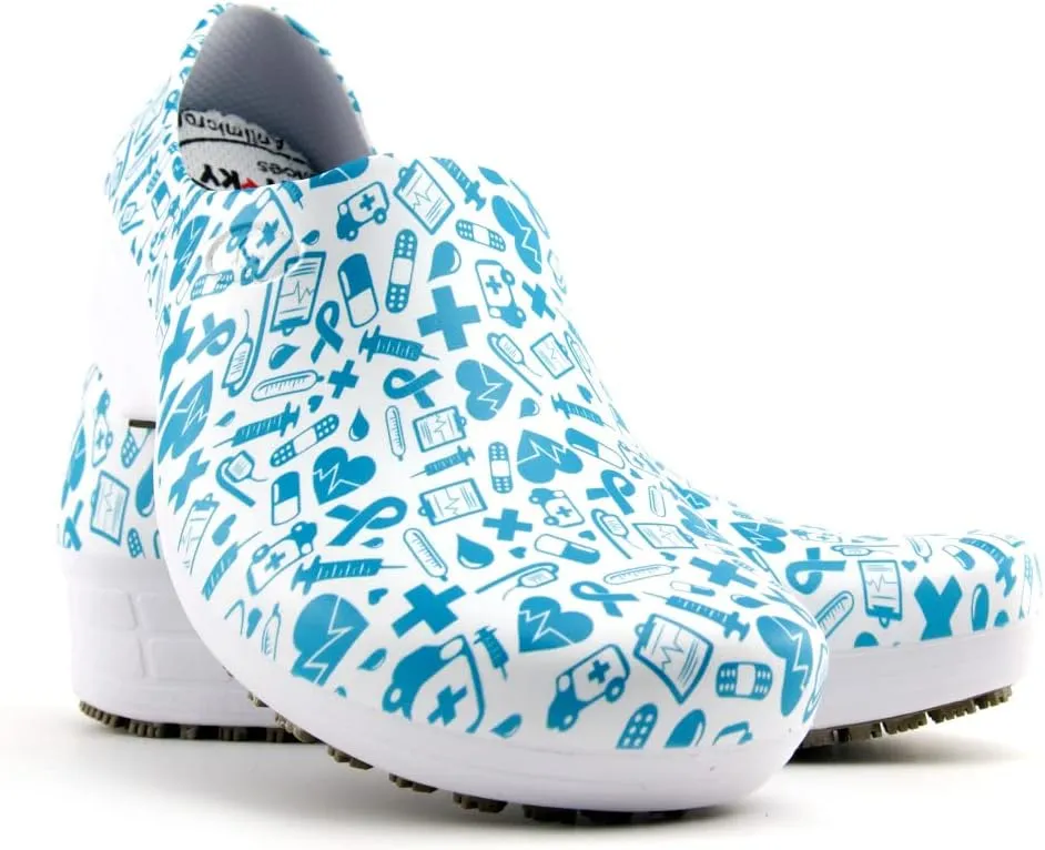 Sticky Printed Colorful Nursing Shoes - Professional Shoes for Women - Nurses Vets CNA LPN RN - Waterproof Non Slip - Comfortable Cleanable Clogs - White