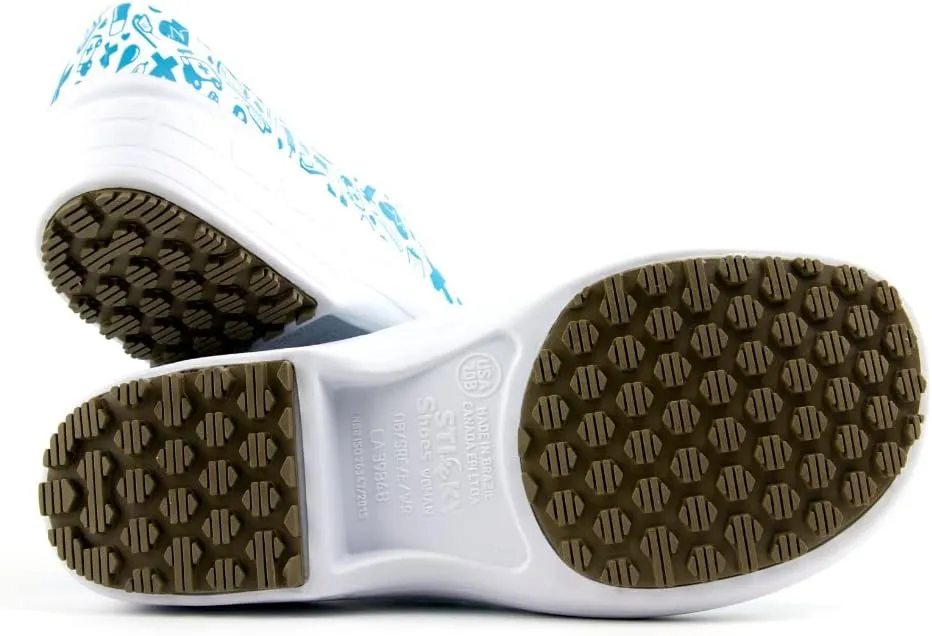 Sticky Printed Colorful Nursing Shoes - Professional Shoes for Women - Nurses Vets CNA LPN RN - Waterproof Non Slip - Comfortable Cleanable Clogs - White