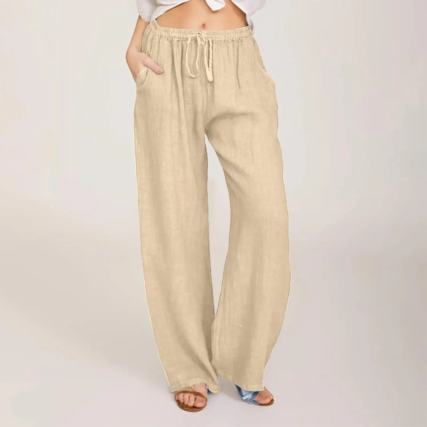 Summer Pants for Women Casual 2024 Summer Drawstring Elastic High Waist Linen Pant Straight Wide Leg Cropped Trousers