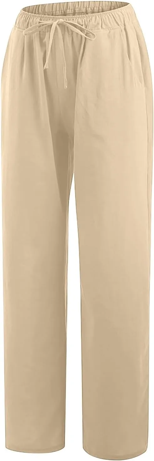 Summer Pants for Women Casual 2024 Summer Drawstring Elastic High Waist Linen Pant Straight Wide Leg Cropped Trousers