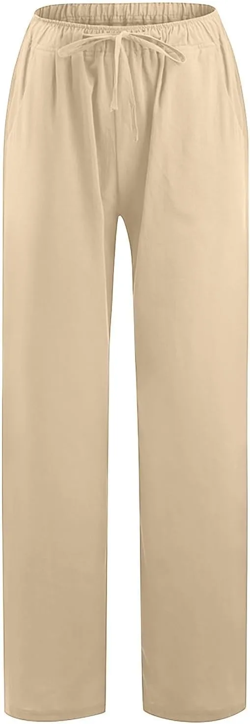 Summer Pants for Women Casual 2024 Summer Drawstring Elastic High Waist Linen Pant Straight Wide Leg Cropped Trousers